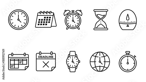 Time management icons set. Linear symbols. Clock, calendar, alarm, hourglass, timer, schedule, deadline, watch. Business planning efficiency. Organization punctuality concept.