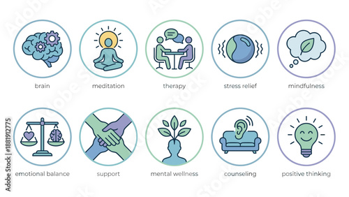 Mental health icons set. Psychology symbols collection. Brain meditation therapy stress relief mindfulness. Emotional balance vector. Wellness support counseling positive thinking.