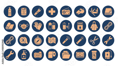 Emergency preparedness kit icons set. Survival gear safety equipment collection. First aid medical supply. Disaster rescue essentials. Flat duotone vector symbols. Crisis response.