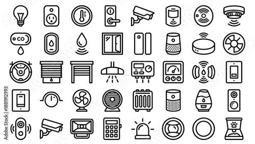 Smart home automation vector icon set. Internet of things devices and sensors collection. Bold outline style symbols. Technology security connectivity. IoT housekeeping control kit.
