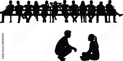 Silhouettes of people sitting on bench and interacting in group and pair, minimalist illustration highlighting social behavior and communication