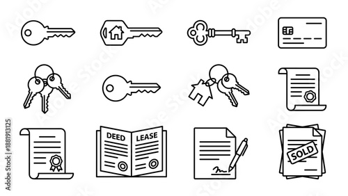Real estate icon set vector. House keys and contract documents line art. Property sale rent symbols. Mortgage deed lease agreement. Home ownership concept. Key to new home. Loan.