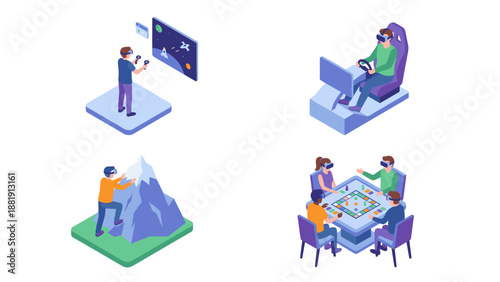 Isometric virtual reality gaming set. People wearing VR headset playing. Metaverse simulation. Racing, climbing, board game. Future technology entertainment vector collection.