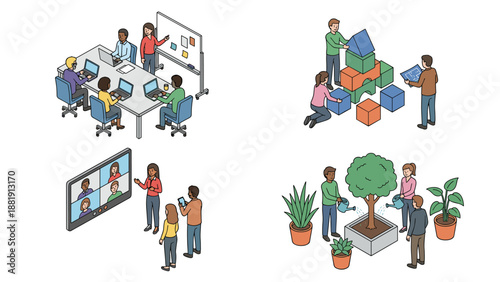 Isometric business teamwork set. Office meeting strategy. People building blocks. Video conference call. Corporate growth gardening. Collaboration diversity. Workplace connection.