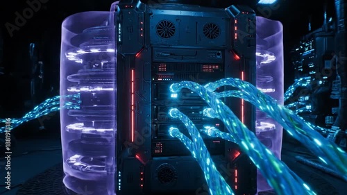 Futuristic technology with connected blue wires tunnel, depicting network communication, data transfer, and advanced connection concept.