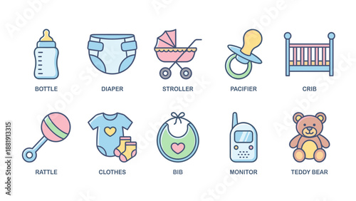 Baby and childcare icons set. Newborn essentials collection. Cute pastel line art vector. Bottle diaper stroller pacifier crib rattle clothes bib monitor teddy bear. Infant symbols.