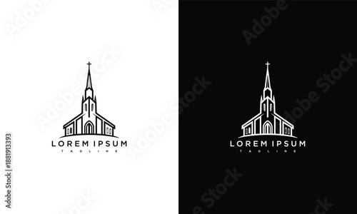 A minimalist line art illustration of a church building with steeple and facade, displayed on contrasting white and black backgrounds from a front viewpoint
