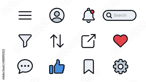 Modern flat style mobile app UI icon set including navigation menu, profile avatar, notification bell, search bar, filter, sort, external link, heart, chat, like, bookmark, and settings cog