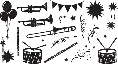 Music Instruments and Party Decorations in Black and White