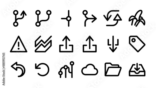 Minimal vector icon set of 18 version control and branching glyphs in geometric outline style. Concepts include upload, download, sync, warning, tag, folder, and cloud connection symbols