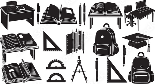 School supplies and education icons in black and white