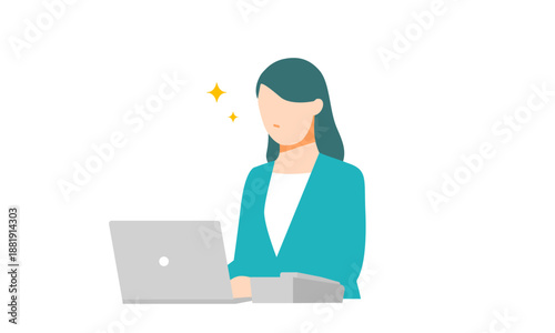 ノートパソコンと電話のあるデスクで仕事が捗るビジネスウーマンのイラスト。フラットデザイン。