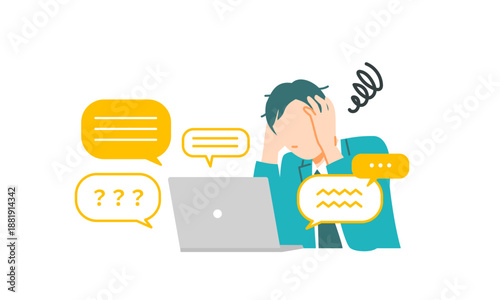 スーツのビジネスマンが問い合わせ対応に追われている様子。ストレスフルな表情。フラットデザイン。