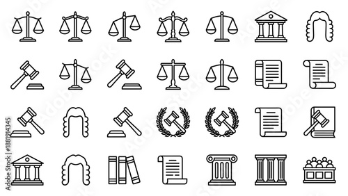 Outline vector icons set of law, justice, and legal symbols. Scales, gavels, courthouse, scrolls, judge wig, and columns arranged in grid. Minimal thin line style for legal design concepts.