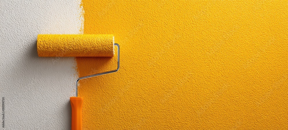 Obraz premium The paint roller covering a textured wall with vibrant yellow paint during home renovation