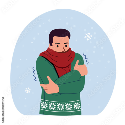 Cold man wearing sweater and scarf shivering in winter weather. Vector flat  cartoon illustration