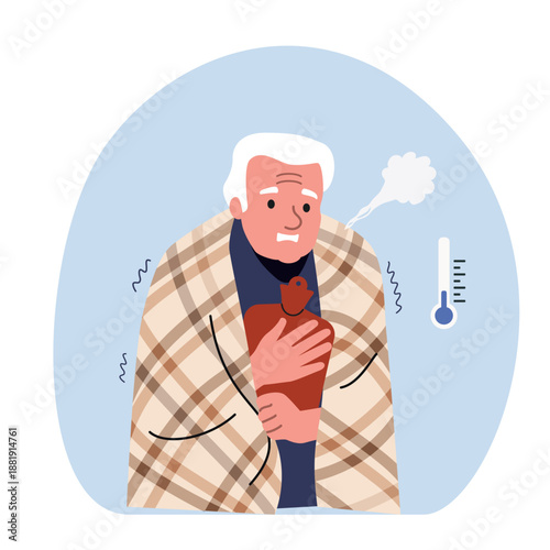 Cold elderly man wrapped in blanket holding hot water bottle at home. Vector flat  cartoon illustration