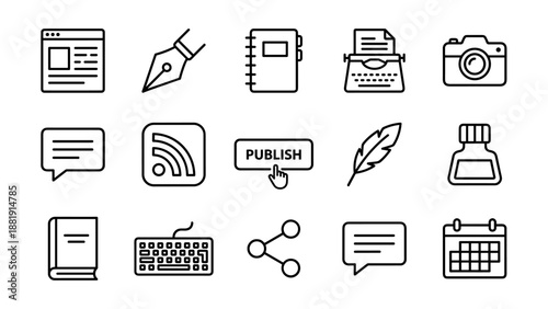 Blogging and writing line icons set. Minimalistic vector collection of creative tools, publish, notebook, keyboard, typewriter, quill, ink, speech bubble, blog, share, and photography symbols.