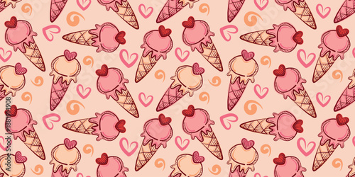 Seamless vector pattern with vanilla and strawberry ice cream in waffle cones decorated with sweet hearts. Romantic Valentine design for textile, wrapping, fabric print.