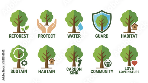Forest conservation eco icons set with trees, sustainability, reforestation, carbon sink, habitat protection, and nature care in flat design style for environmental awareness and ecology concepts