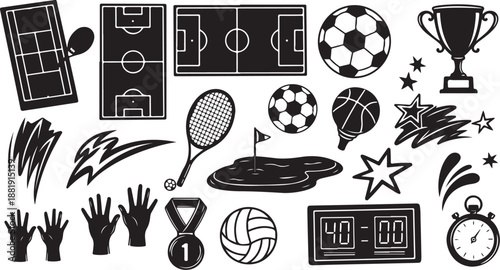 Sports Icons and Symbols for Various Athletic Activities Displayed