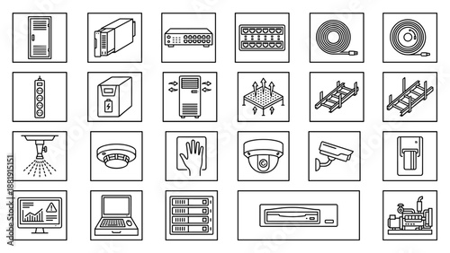 Data center infrastructure icons set. Server room equipment symbols. Cloud computing hardware. Thin line style. Network technology. IT security power cooling system. Vector graphic.