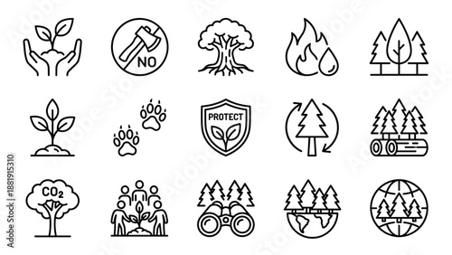 Forest conservation and ecology line icon set. Environmental protection concept. Sustainability, reforestation, CO2 reduction, wildlife preservation, tree planting, global green planet illustration.