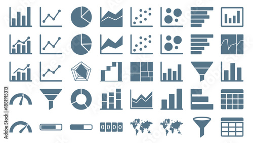 Data visualization icons set. Business charts and graphs. Dashboard ui elements. Analytics report. Flat filled style. Statistics infographic. Financial diagram. Bar pie line scatter.