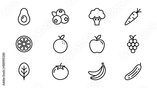 Minimalist fruit and vegetable line icons set, healthy food outline symbols collection including apple, banana, orange, carrot, broccoli, tomato, avocado, and other produce, clean vector design