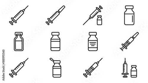 Vaccination syringe and vial vector icon set. Minimalist line art style. Medical healthcare collection. Injection needle and medicine bottle. Immunization dose. Clinical supply.