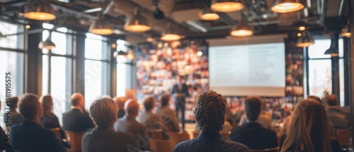 The audience attending a professional presentation in a modern conference room