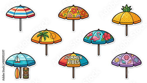 Summer beach umbrella vector icons set. Vibrant sticker collection. Tropical vacation sunshade. Colorful parasol designs. Seaside resort relaxation. Holiday travel elements.