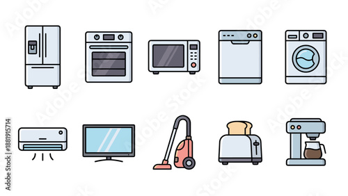 Household appliances icons set. Electronics. Refrigerator oven microwave dishwasher washer vacuum toaster coffee maker tv air conditioner. Kitchen equipment. Domestic devices vector.