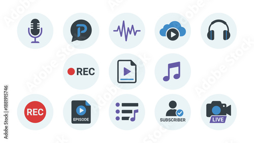 Podcast and streaming icons set. Microphone headphones audio wave symbols. Digital media broadcasting. Play music sound buttons. Live video technology signs. Studio equipment vector