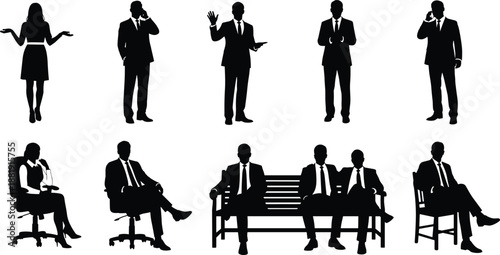 Business people silhouettes in formal suits showing communication gestures, office work activities, corporate interaction and professional lifestyle illustration isolated on white background