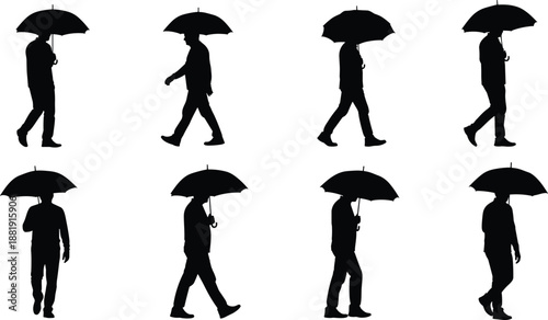 Collection of walking man silhouettes holding umbrella in rainy weather isolated on white background vector illustration for urban lifestyle design concepts