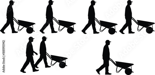 Construction worker silhouette pushing wheelbarrow set isolated on white background vector illustration manual labor industry profession collection design toolkit graphics