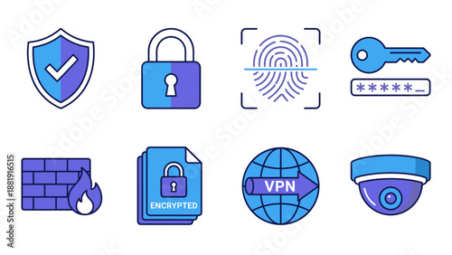 Cybersecurity icons set. Digital privacy protection symbols. Shield padlock fingerprint scan password key firewall encrypted file VPN security camera. Internet data network safety.
