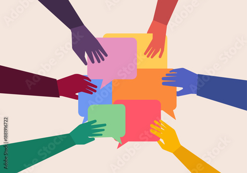 Hands holding merge of various chats, communication merge teamwork concept illustration