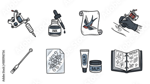 Tattoo studio equipment vector set. Tattoo machine, ink bottle, needle, stencil, balm, artist’s hand drawing with tattoo gun, and portfolio of design sketches. Professional tattoo tools illustration.
