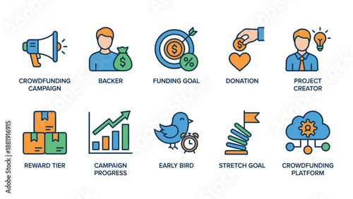 Crowdfunding icons set. Startup business investment finance symbols. Money donation charity support. Project funding campaign backer reward goal. Vector financial growth concept.