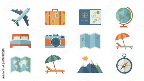 Travel and tourism icons set. Vector symbols for holiday vacation. Airplane suitcase passport camera map globe. Summer journey adventure. Hotel bed luggage trip equipment concept.
