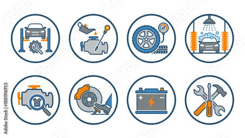 Automotive service icons set including car repair, oil change, tire maintenance, car wash, engine diagnostics, brake check, battery replacement, and mechanic tools for garage or workshop design