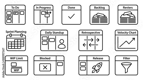 Minimalist vector icon set of project management and agile kanban board elements, including backlog, sprint planning, daily standup, retrospective, velocity chart, release, and workflow stages
