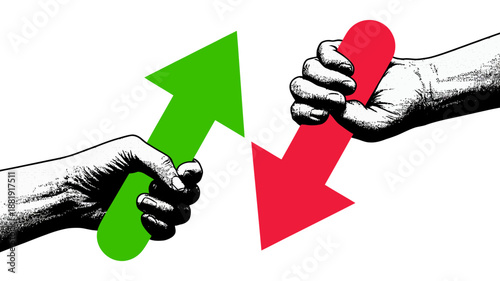 Comparing opposing forces: hands holding up and down arrows symbolizing growth and decline