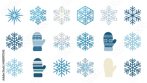 Winter snowflake and mitten icon set, geometric vector design. Blue and white seasonal symbols collection, clean minimal style. Christmas and winter holiday clipart isolated on white background.