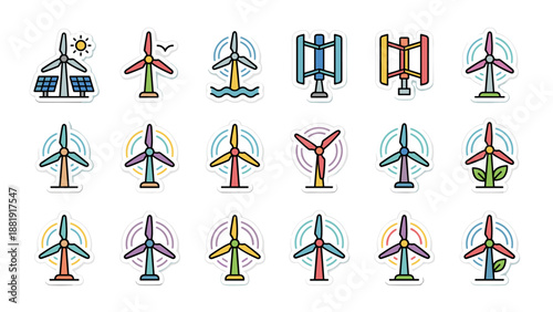 Set of 16 colorful renewable energy wind turbine icons. Eco-friendly sticker design. Clean energy, sustainability, green power, wind farm, solar hybrid, and environment concept illustration