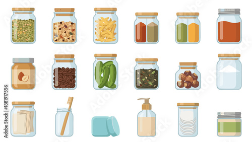 Zero waste kitchen glass jar vector set. Flat design eco-friendly storage containers with food, cosmetics, and household goods. Sustainable lifestyle minimalist icons collection.
