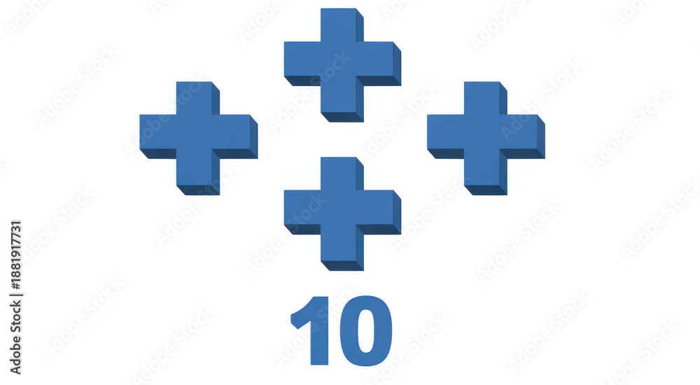 Fototapeta premium Four blue plus signs and the number ten isolated on a transparent background