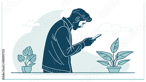 Man Reading Smartphone in Calm Indoor Space Vector Illustration – Minimal Modern Digital Lifestyle Concept Art with Plants
